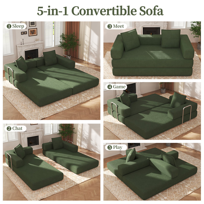 Canapé-lit de sol convertible de 63 po en velours côtelé 4-en-1 pour salon, sans assemblage requis, Vert