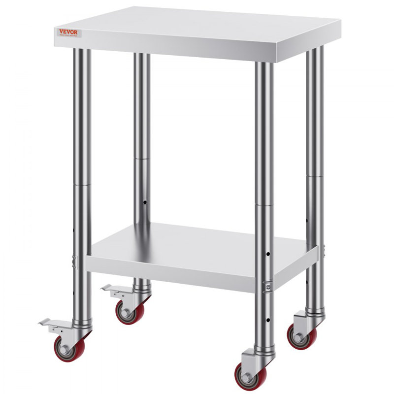 Table de travail en acier inoxydable 36 x 24 pouces avec 4 roues, H 24 po x l 18 po x P 34 po