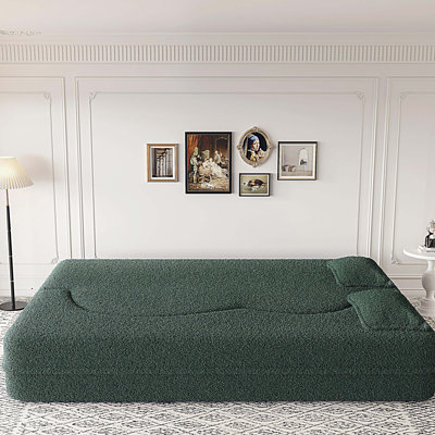 Modern Floor Sofa with 2 Pillows,Convertible Teddy Fabric Foam-Filled Sleeper Sofa Bed