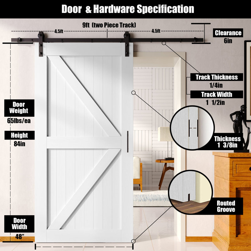 Porte de grange en forme de K avec porte simple non-dérivation Homacer, 108 po x 84 po
