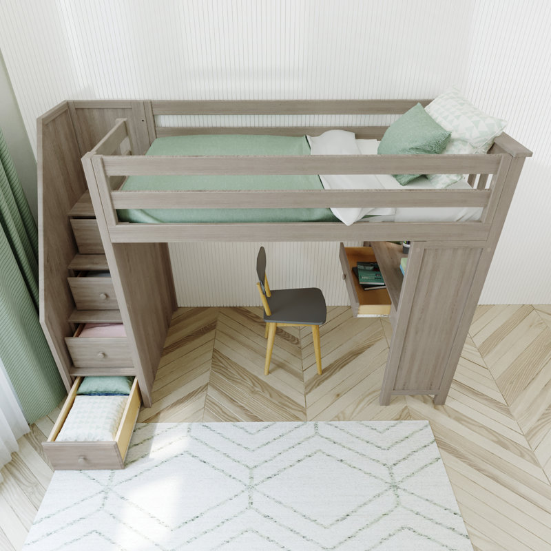  Gannon Twin 4-Drawer Solid Wood Loft Bed with Built-in-Desk, Stone