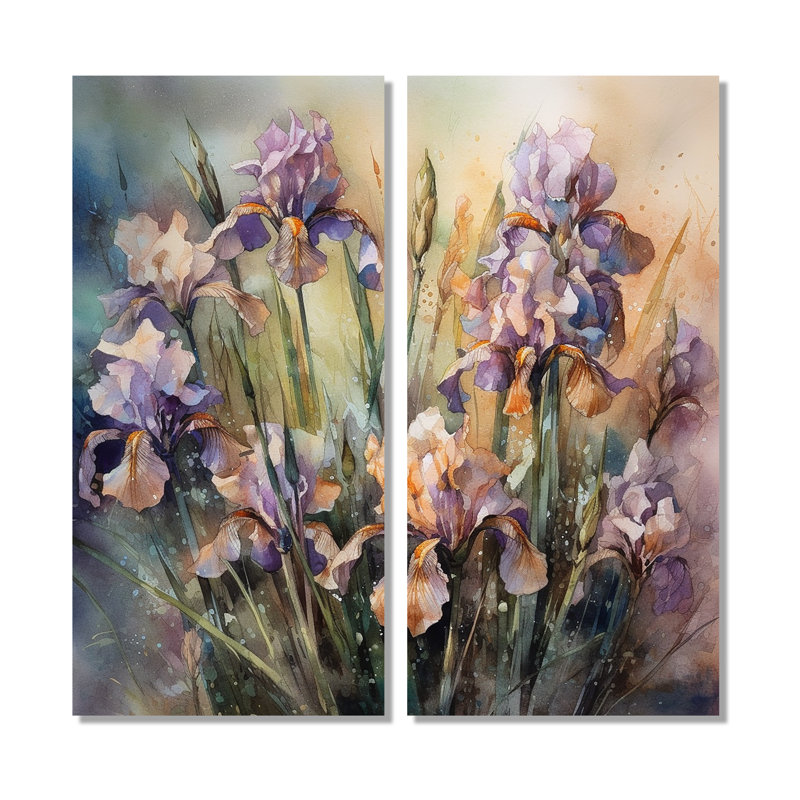 Mauve, vert, iris sauvage II - grands iris, impressions sur toile, H 40 po x l 40 po, Toile tendue, Ne s’applique pas