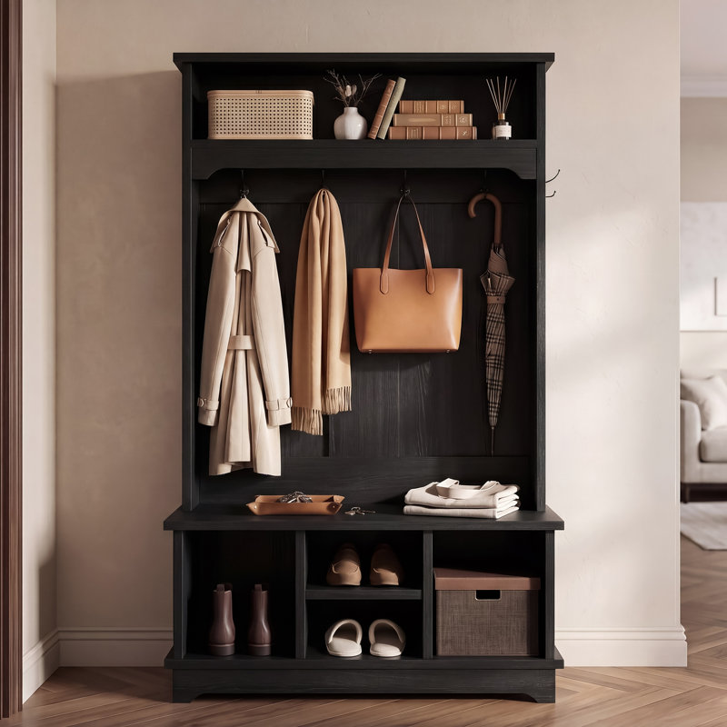 Arbre d'entrée multifonctionnel avec rangement pour chaussures, banc et portemanteau, idéal pour un décor organisé et élégant