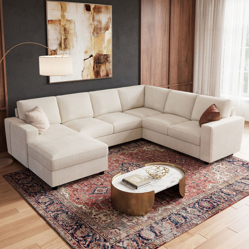 Abramson U-shaped Modular Corduroy Sectional Sofa With Storage Ottoman Beige, 33.9" H x 102.4" W x 79.9" D, Beige Corduroy