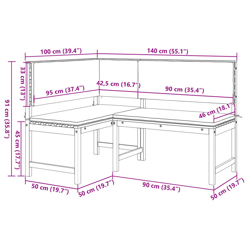 Ensemble de banc de jardin vidaXL 3 pièces en bois d'acacia massif brun, Blanc