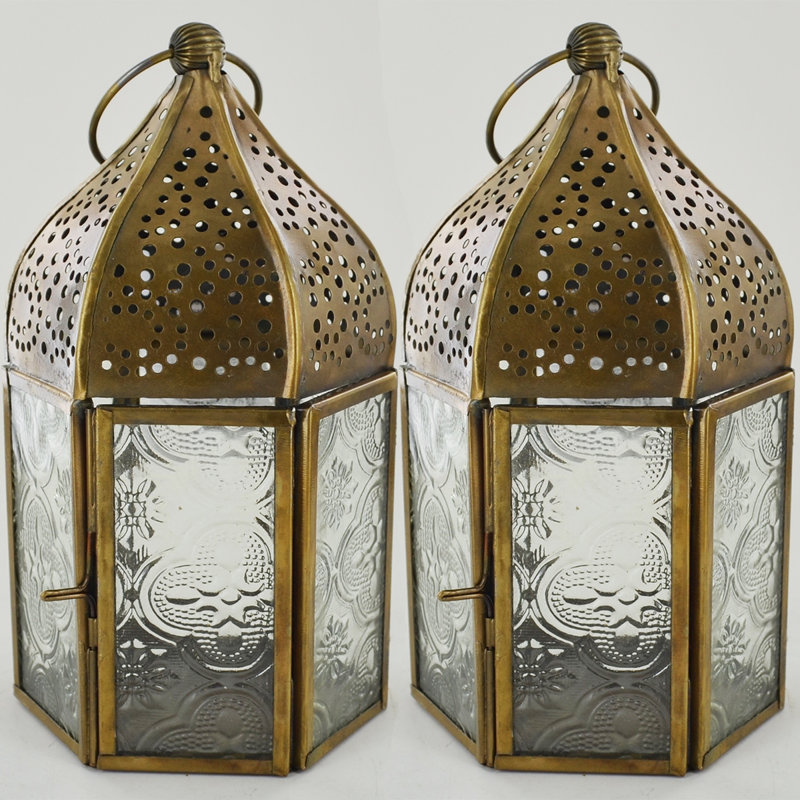 Pair of Moroccan Style Metal/Glass Lanterns