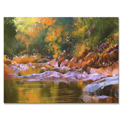 Lignes de rivière avec pierres dans une magnifique forêt - peinture sur toile