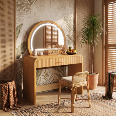 Coiffeuse multifonctionnelle avec écran tactile lumineux de 99 cm (39 pouces), tiroir et miroir amovible, bord arrondi, idéale pour la chambre à coucher, couleur naturelle.
