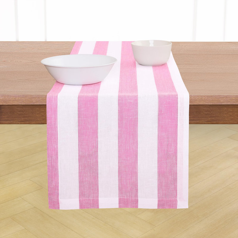 Cabana Stripe - 100% Pure Linen Table Runner, 72" x 14", Pink/White