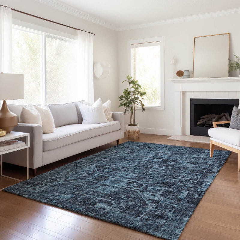 Premium Machine Washable Kelsa AMF41 Navy Rug, Rectangle 2'6" x 3'10"