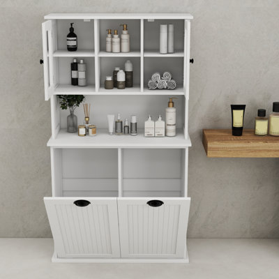 Two-Compartment Tilt-Out Dirty Laundry Basket Tall Bathroom Cabinet With 2 Adjustable Shelves-White