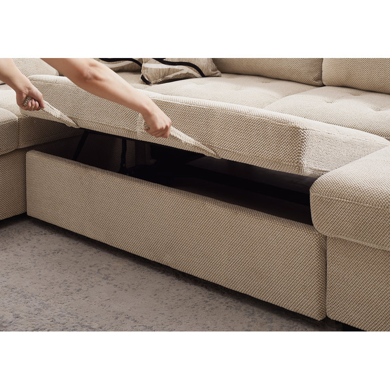 123" Oversized U-Shape Sectional Sleeper Sofa with Pull-Out Bed and Storage Chaise, 4 Throw Pillows For Living Room, Beige