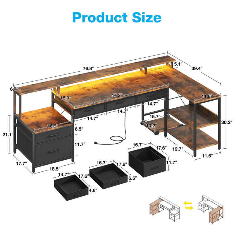 L-shaped Desk With Under-desk Drawers,computer Desk With Cabinet ,reversible Desk Power Sockets & Led Light Strips,home Office Desk With Monitor Stand