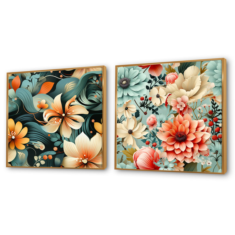 Maelia - Ensemble de 2 collages carrés floraux, Cadre flottant doré, H 30 po x l 61 po