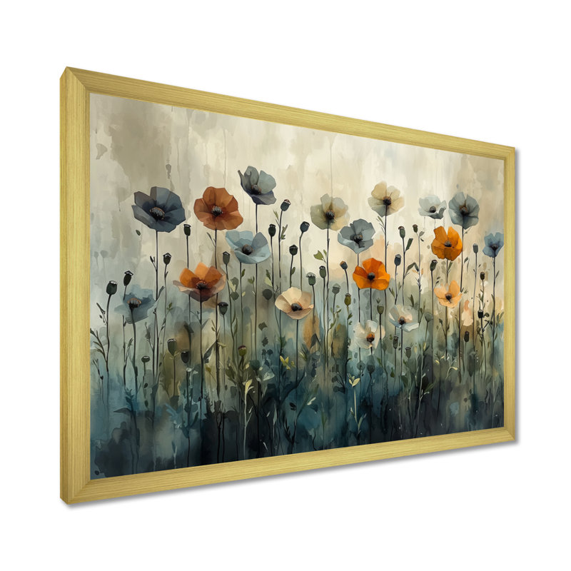 Hiver, minimalisme, coquelicots, champ III - coquelicots, art mural, Cadre doré simple, H 24 po x l 32 po