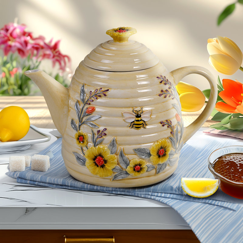 Bee Sweet Multicolored Ceramic 3-D Beehive Teapot