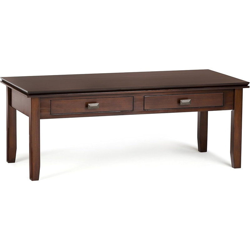 Table basse en bois massif, conception transitionnelle avec 2 tiroirs, tablette ouverte et boutons en nickel - brun roux