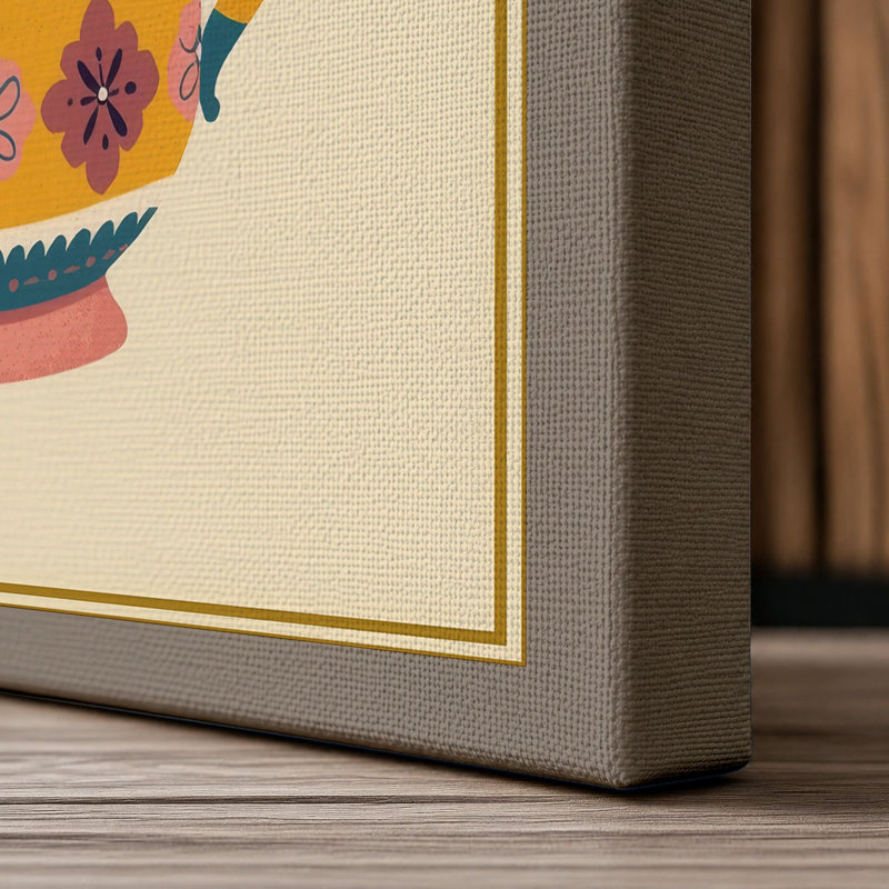 Folk Art Teapot Eclectic - Wrapped Canvas, 30x20 - 76.2 x 50.8 cm, Taupe Border