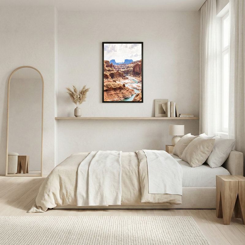 «Red Sandstone Canyon», art mural sur toile avec rivière turquoise et montagnes bleues, H 18 po x l 24 po