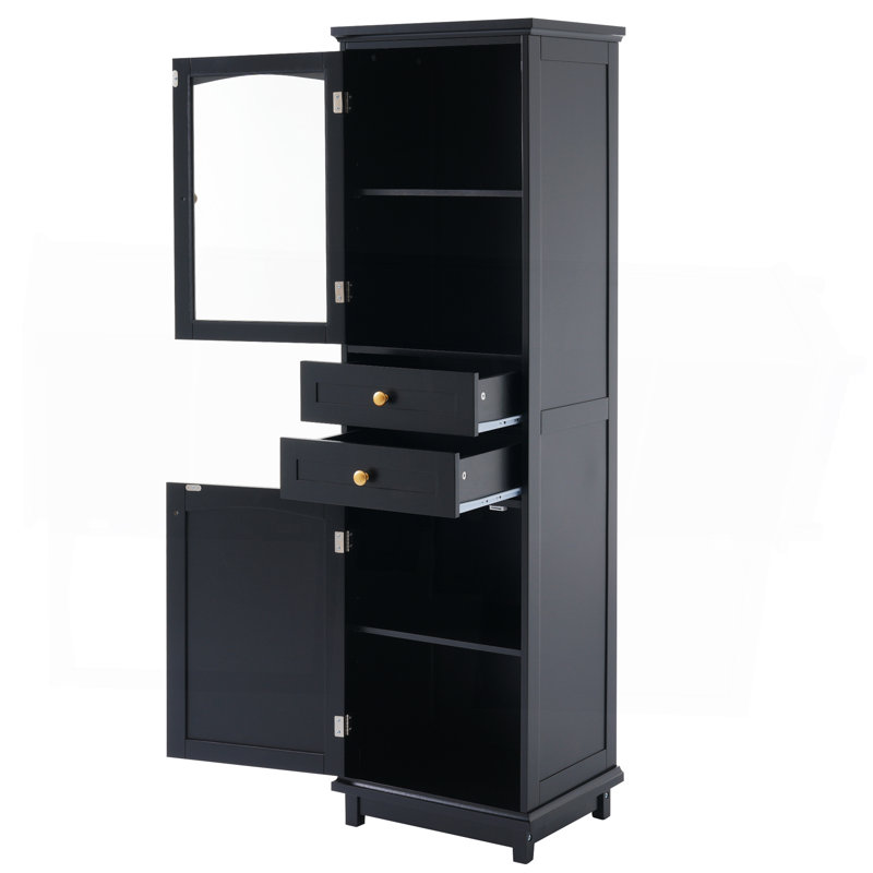 63" Tall Bathroom Storage Cabinet With Glass Doors, Free-Standing, Two Drawers, And Adjustable Shelves, MDF Board, Painted Black - For Displaying Your Favorite Items
