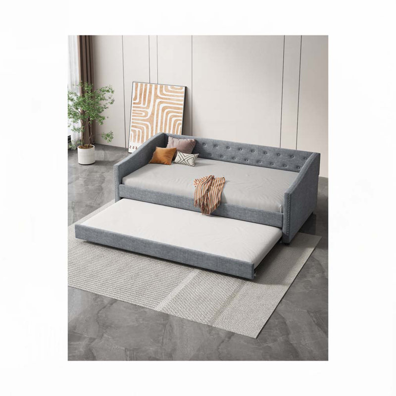 Upholstered Tufted Daybed with Trundle, Light Gray, Twin