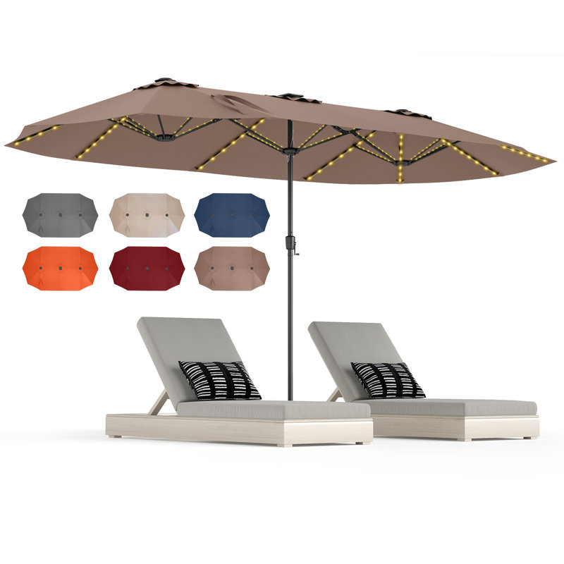 Parasol de terrasse à double face 15,5 pi avec lumières solaires extérieures, Coffee