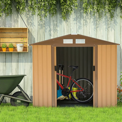 7' X 4' Outdoor Shed, Galvanized Steel, 4 Vents, 2 Sliding Doors, Spacious For Backyard, Garage, Lawn, Garden Tools, Yellow Garden, Patio, Tool Storage