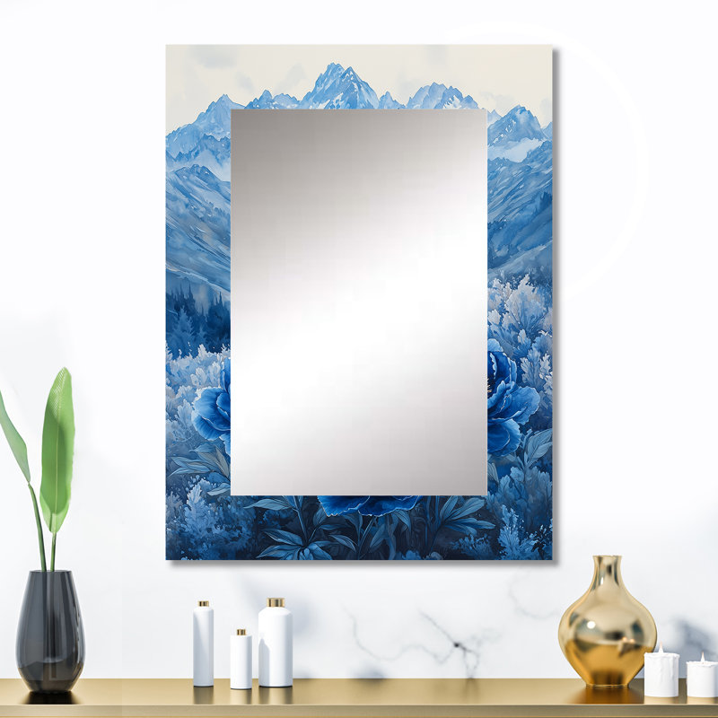 Pivoines bleues sur les sommets des montagnes III - miroir de pivoines, miroir mural traditionnel unique, impression d'art en métal