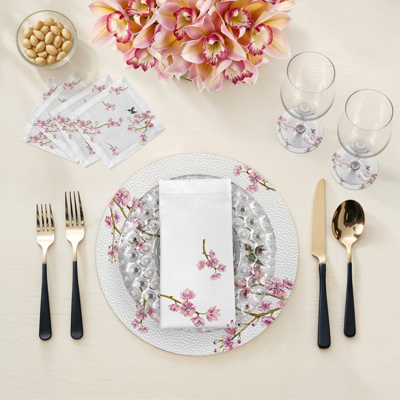 Blossom Fantasia Hemstitch 22" Linen/Cotton Napkin, White/Pink