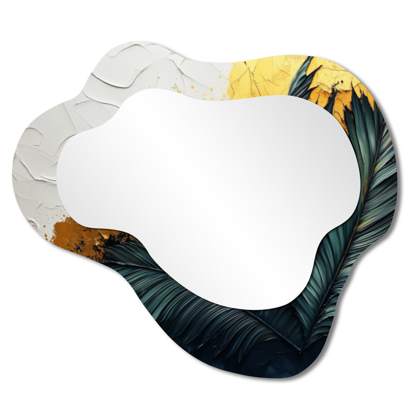 Velvet Green And Beige Palms - Floral Irregular Asymmetrical Mirror, Traditional Wall Mirror, Printed on Metal, 25" x 28"