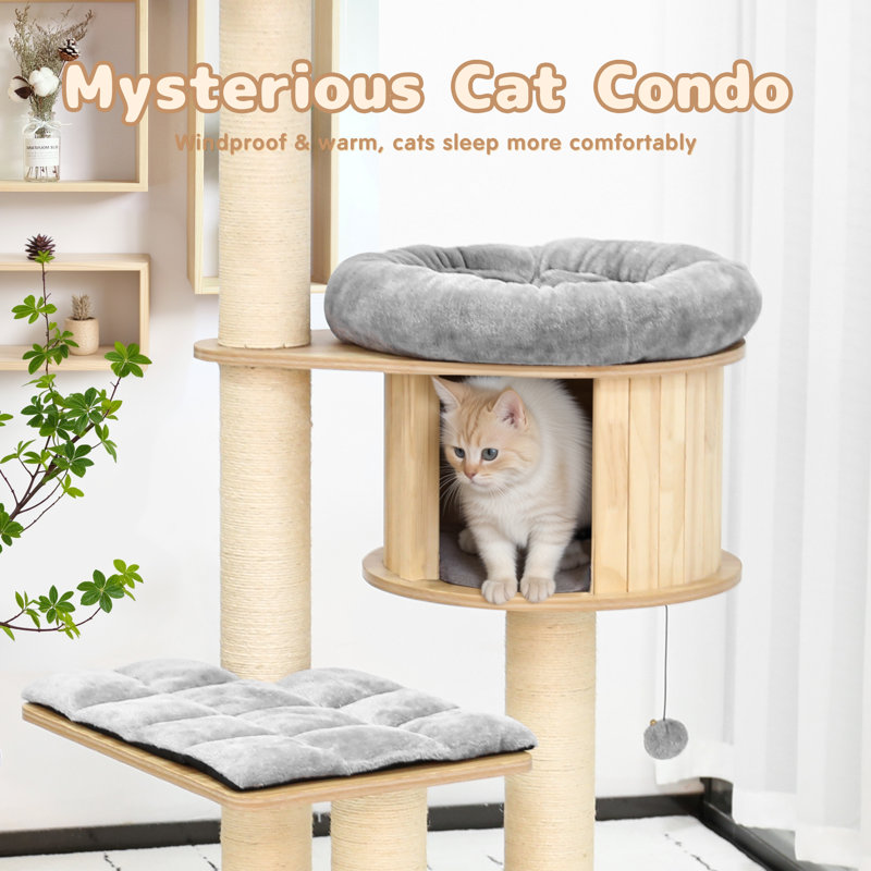 58.6" Pine Wood Cat Tree with Gray Cushions and Sisal Posts