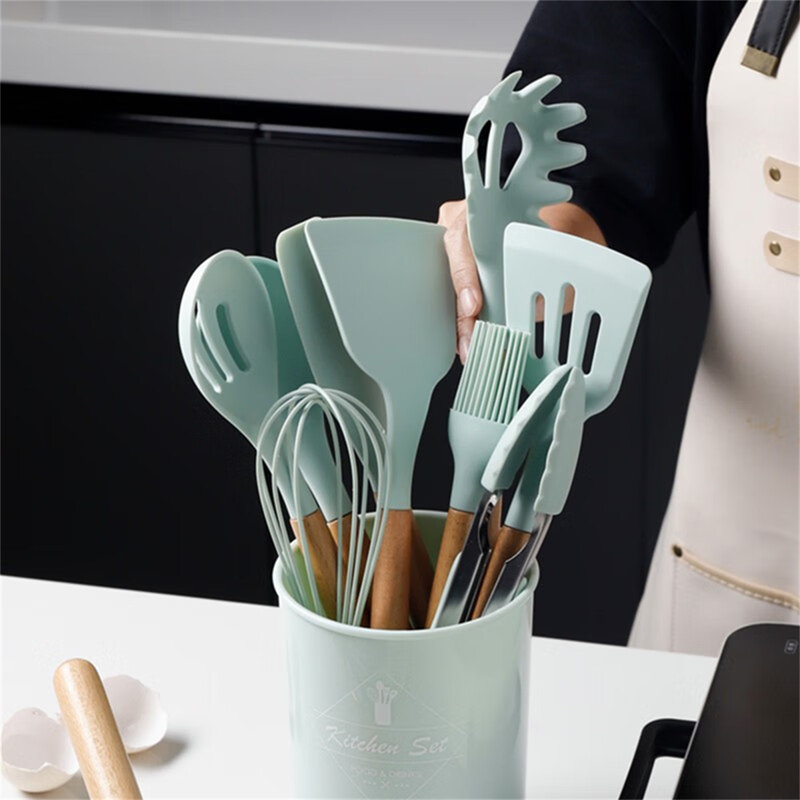 Silicone Cooking Utensil Set - 12 Heat-Resistant Non-Stick Kitchen Tools For Frying, Mixing, Serving