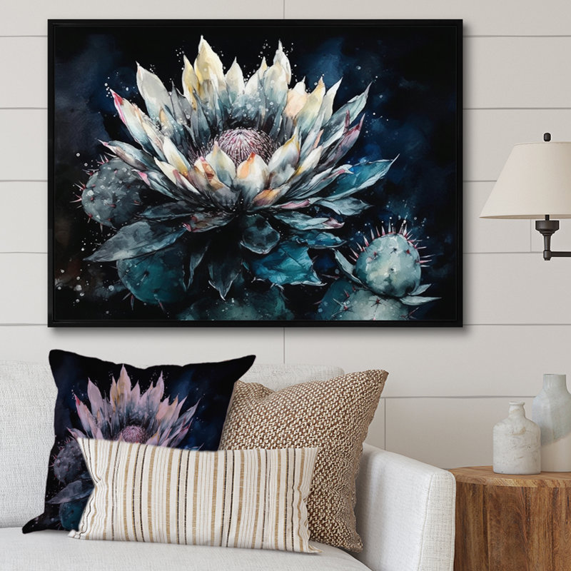 Ryou, fleur de cactus vert sur toile, H 30 po x l 40 po x P 1,5 po, Cadre flottant noir