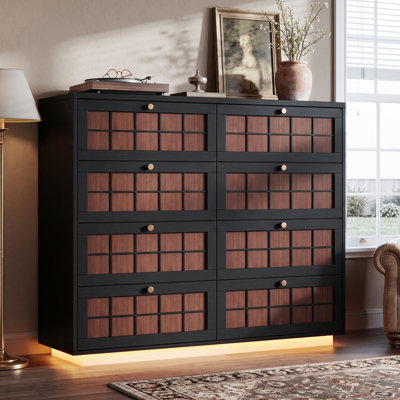 5 Drawer Black Tall Chest of Drawers with LED & Charging Station, Mid Century Modern Dresser with Gold Knobs for Bedroom