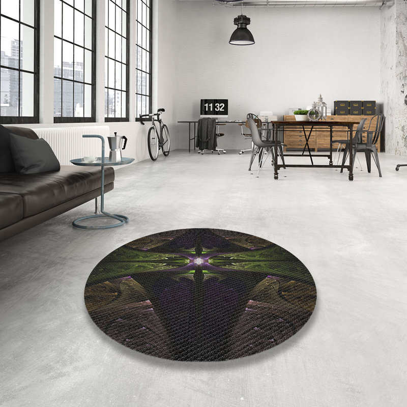 Tapis vert/brun/noir tissé à la machine, Rond 5 pi