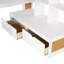 Lit mezzanine double avec bureau et tablettes, deux tiroirs intégrés, escalier de rangement, blanc et naturel