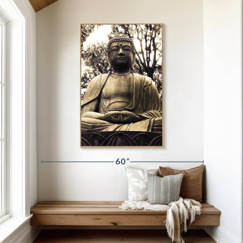 Statue de Bouddha japonais I, Cadre flottant en bois naturel, 31 po x 46 po