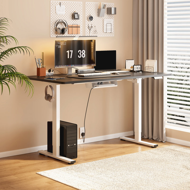 Adjustable Standing Desk, Whole-Piece Desktop, Black/White, 55" W x 28" D