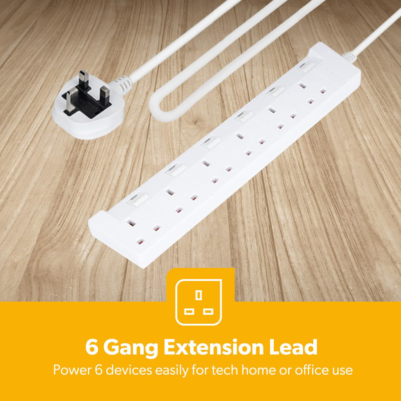GEEPAS 6 Gang Extension Lead, 2M Cable | 6-Way Plug Extension Cable | 6 Socket Desk Power Strip with Individual Switches for Home Office | Heavy Duty UK Plug | White