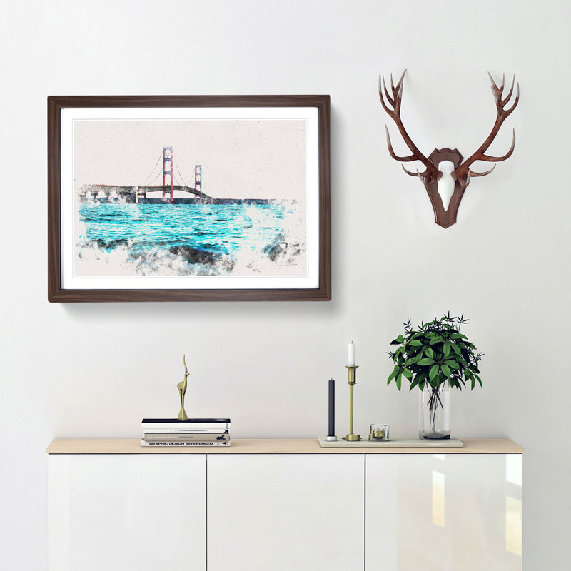 Mackinac Bridge in Michigan Watercolour - Picture Frame Graphic Art Print, Walnut Framed, 45cm H x 63cm W x 2cm D