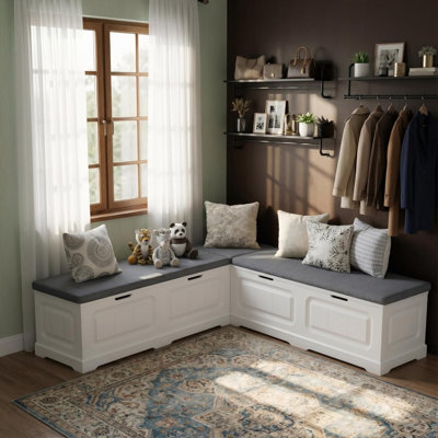 L-shape Storage Bench With Cushioned Seating, Hidden Storage, For Dining Room, Kitchen, Entryway, White