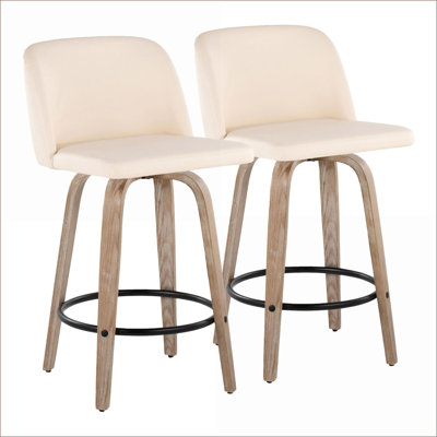 Set of 2 26" Fixed Height Counter Dining Chairs for Adults, 360° Swivel, Cream Faux Leather, White-Washed Wood, Mid-Century Modern