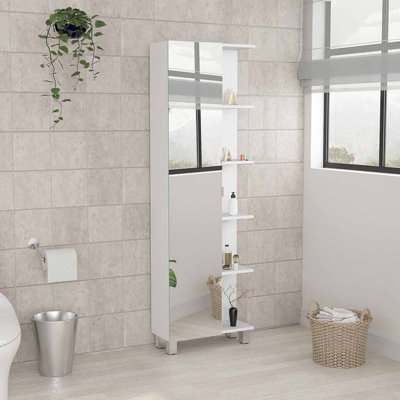 Armoire à linge miroir Urano, quatre tablettes intérieures, cinq tablettes extérieures - blanc