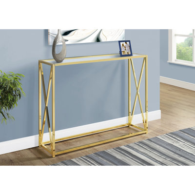 Console de salon moderne avec plateau en verre transparent épais et base en métal doré poli, base décorative contemporaine de style propre pour la chambre à coucher, la chambre et le vestibule