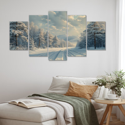White Grey Winter Road Into Forest II - Winter Landscape Canvas Art Set