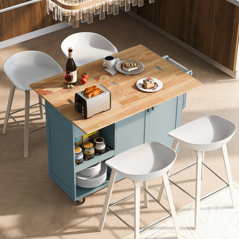 Îlot de cuisine pliable avec comptoir de 47,24 po x 33,15 po et tablette coulissante, chariot gris bleu, Bleu gris