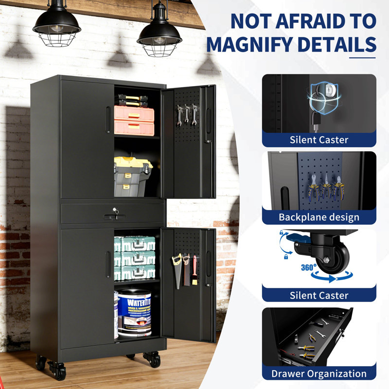 Metal Storage Cabinet with Drawer, 71" Garage Cabinet with Locking Doors and 2 Adjustable Shelves, Heavy Duty Tool Cabinet with Pegboard, 8 Hooks & Rolling Wheels for Home Office Utility