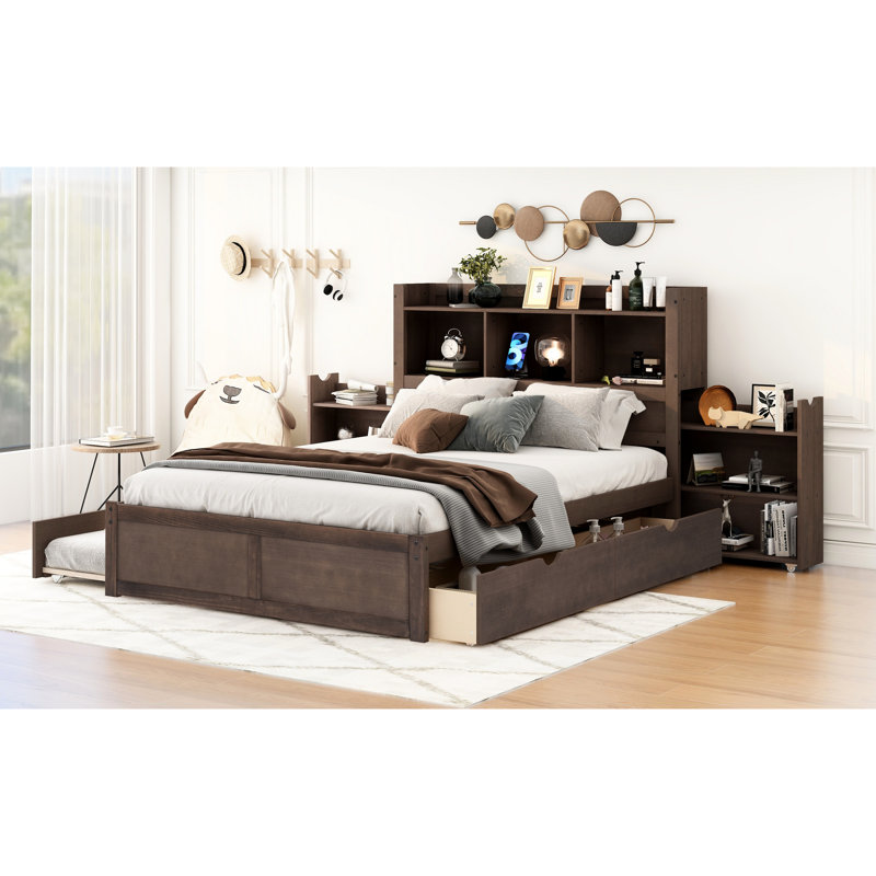 Lit double avec tablettes coulissantes, 2 tiroirs et lit gigogne simple