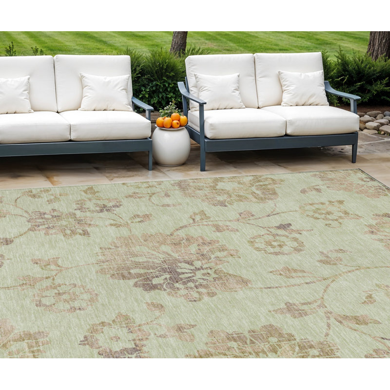 Tapis d'intérieur / extérieur 10 pi x 14 pi vert menthe et taupe floral lavable