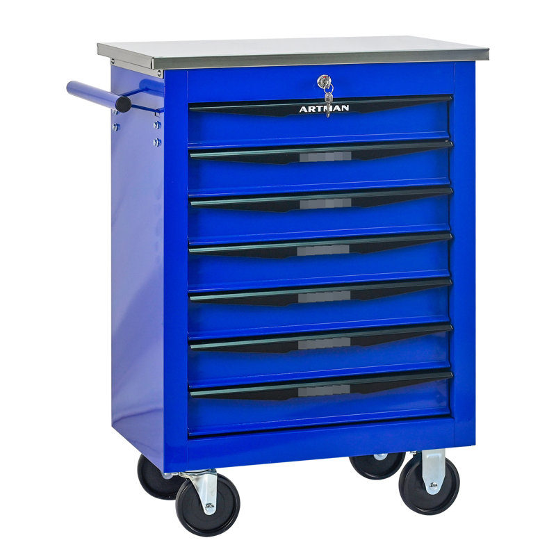 Multifonctionnel, chariot à outils roulant à 7 tiroirs, roues, toit en acier inoxydable, atelier de réparation de garage, mécanismes de verrouillage universels, poignée à tirer d'un côté, chariot à compartiments verrouillables, verrouillage d'entrepôt,